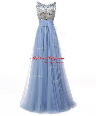 Fancy Scoop Floor Length A-line Sleeveless Blue Evening Dress Backless