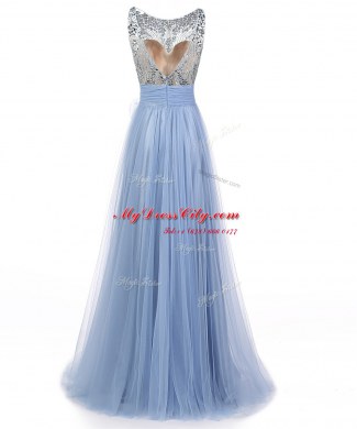 Fancy Scoop Floor Length A-line Sleeveless Blue Evening Dress Backless
