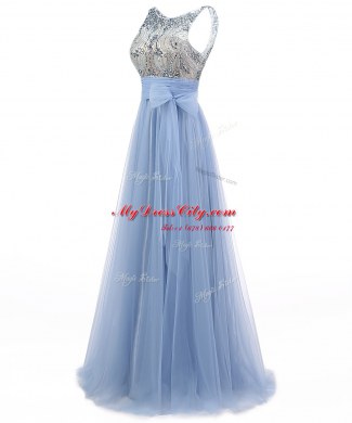 Fancy Scoop Floor Length A-line Sleeveless Blue Evening Dress Backless
