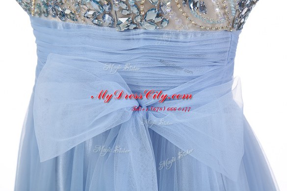 Fancy Scoop Floor Length A-line Sleeveless Blue Evening Dress Backless
