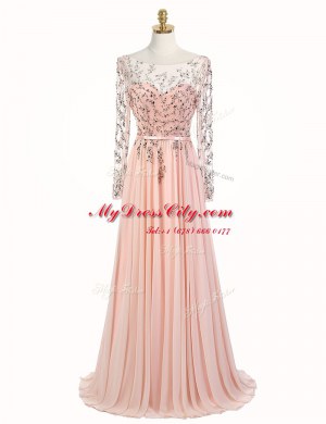 Shining Scoop Peach Backless Prom Gown Beading Long Sleeves With Train Sweep Train