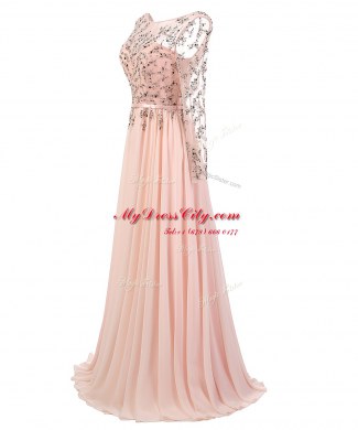Shining Scoop Peach Backless Prom Gown Beading Long Sleeves With Train Sweep Train