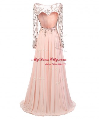 Shining Scoop Peach Backless Prom Gown Beading Long Sleeves With Train Sweep Train
