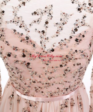 Shining Scoop Peach Backless Prom Gown Beading Long Sleeves With Train Sweep Train