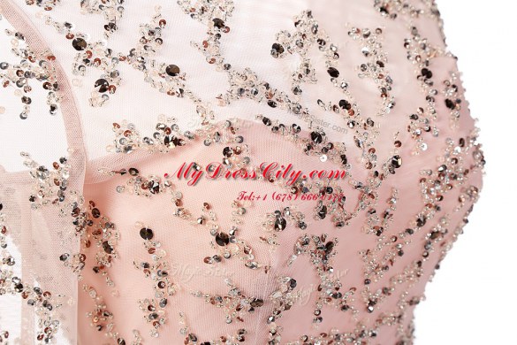Shining Scoop Peach Backless Prom Gown Beading Long Sleeves With Train Sweep Train