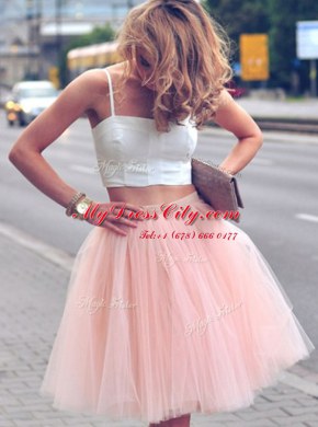 Fantastic A-line Homecoming Dress Pink And White Spaghetti Straps Tulle Sleeveless Mini Length Zipper