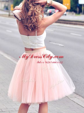 Fantastic A-line Homecoming Dress Pink And White Spaghetti Straps Tulle Sleeveless Mini Length Zipper