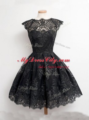 Glorious Scoop Lace Knee Length A-line Cap Sleeves Black Club Wear Zipper