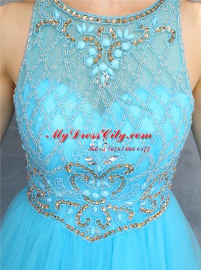 Scoop Sleeveless Zipper Prom Dresses Baby Blue Organza