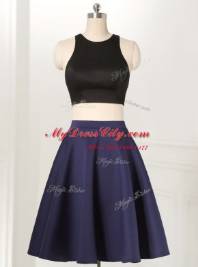 A-line Evening Dress Navy Blue Scoop Satin and Elastic Woven Satin Sleeveless Knee Length Zipper