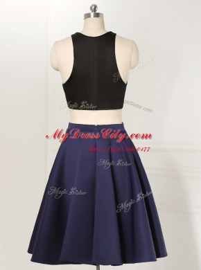 A-line Evening Dress Navy Blue Scoop Satin and Elastic Woven Satin Sleeveless Knee Length Zipper