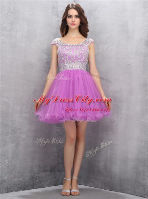 Simple Scoop Sleeveless Tulle Mini Length Zipper Club Wear in Lilac with Beading