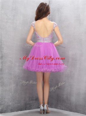 Simple Scoop Sleeveless Tulle Mini Length Zipper Club Wear in Lilac with Beading