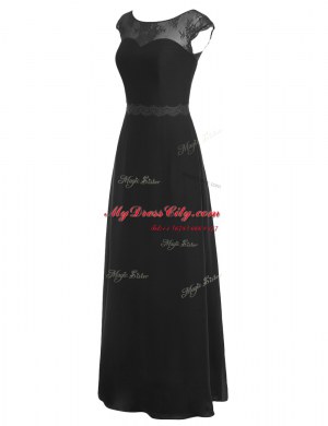 Luxury Black A-line Scoop Cap Sleeves Chiffon Floor Length Zipper Appliques Prom Party Dress