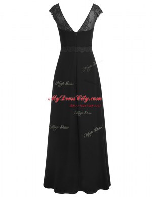 Luxury Black A-line Scoop Cap Sleeves Chiffon Floor Length Zipper Appliques Prom Party Dress