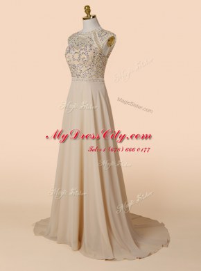 Champagne Backless Scoop Beading Homecoming Dress Chiffon Sleeveless Brush Train