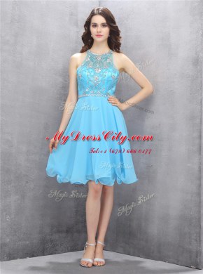 Latest Blue A-line Chiffon Scoop Sleeveless Beading Knee Length Criss Cross Prom Evening Gown