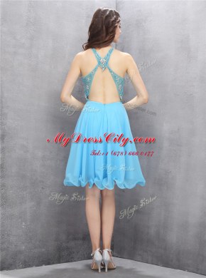 Latest Blue A-line Chiffon Scoop Sleeveless Beading Knee Length Criss Cross Prom Evening Gown