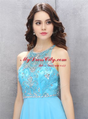 Latest Blue A-line Chiffon Scoop Sleeveless Beading Knee Length Criss Cross Prom Evening Gown