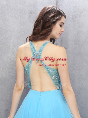 Latest Blue A-line Chiffon Scoop Sleeveless Beading Knee Length Criss Cross Prom Evening Gown