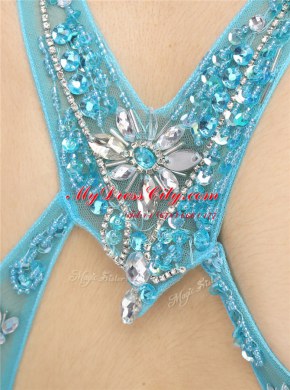 Latest Blue A-line Chiffon Scoop Sleeveless Beading Knee Length Criss Cross Prom Evening Gown