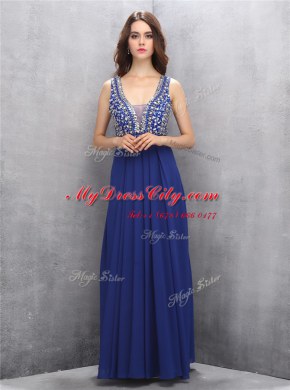 Glorious Royal Blue V-neck Zipper Beading Prom Party Dress Sleeveless