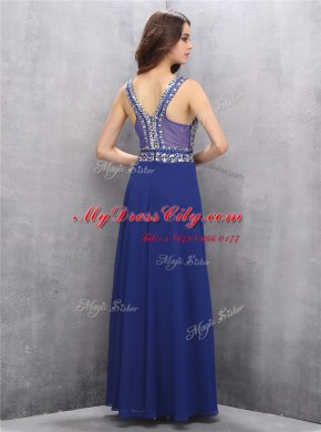 Glorious Royal Blue V-neck Zipper Beading Prom Party Dress Sleeveless