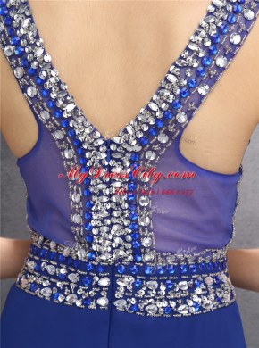 Glorious Royal Blue V-neck Zipper Beading Prom Party Dress Sleeveless