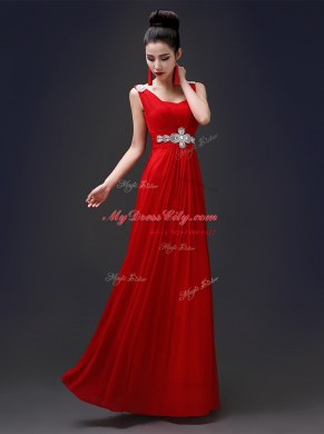 Square Beading Prom Dresses Red Zipper Sleeveless Floor Length
