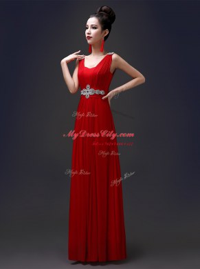 Square Beading Prom Dresses Red Zipper Sleeveless Floor Length