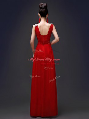 Square Beading Prom Dresses Red Zipper Sleeveless Floor Length