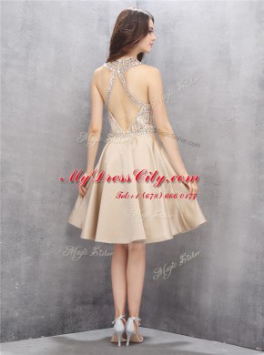Champagne Dress for Prom Prom and Party and For with Beading High-neck Sleeveless Criss Cross