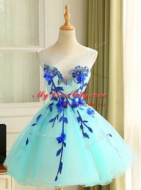 Blue Organza Zipper Scoop Sleeveless Mini Length Cocktail Dresses Beading and Appliques
