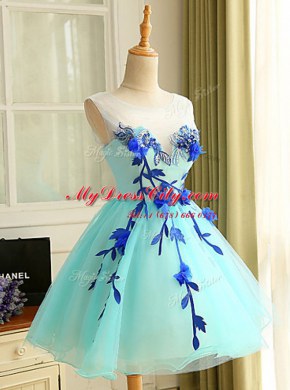 Blue Organza Zipper Scoop Sleeveless Mini Length Cocktail Dresses Beading and Appliques