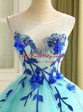 Blue Organza Zipper Scoop Sleeveless Mini Length Cocktail Dresses Beading and Appliques