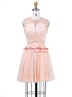 Scoop Beading and Pleated Dress for Prom Peach Zipper Sleeveless Mini Length