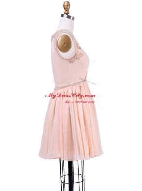 Scoop Beading and Pleated Dress for Prom Peach Zipper Sleeveless Mini Length