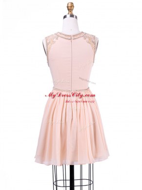 Scoop Beading and Pleated Dress for Prom Peach Zipper Sleeveless Mini Length