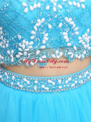 Eye-catching Scoop Sleeveless Knee Length Beading Backless Dress for Prom with Blue