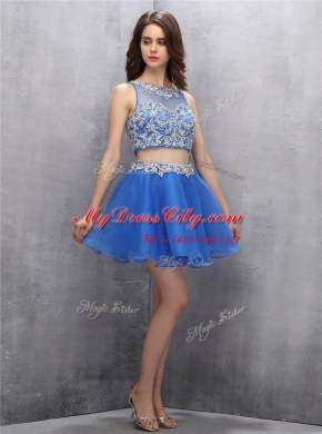 Sumptuous Blue Scoop Neckline Beading Cocktail Dress Sleeveless Zipper