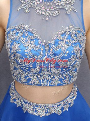 Sumptuous Blue Scoop Neckline Beading Cocktail Dress Sleeveless Zipper