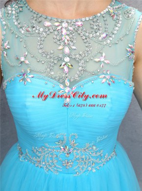 Delicate Blue Scoop Zipper Beading Prom Party Dress Sleeveless