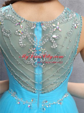 Delicate Blue Scoop Zipper Beading Prom Party Dress Sleeveless
