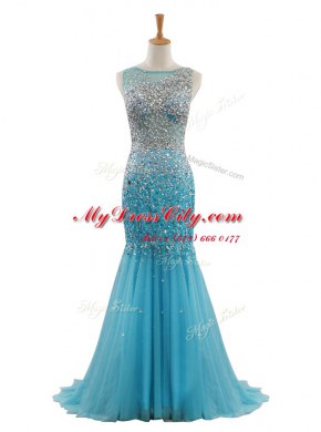 Traditional Mermaid Blue Sleeveless With Train Beading Zipper Prom Evening Gown