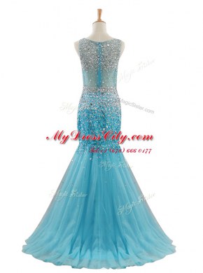 Traditional Mermaid Blue Sleeveless With Train Beading Zipper Prom Evening Gown