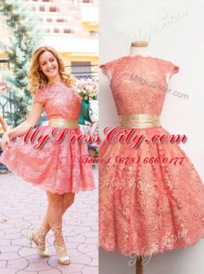 Scoop Lace Cap Sleeves Knee Length Prom Gown and Lace