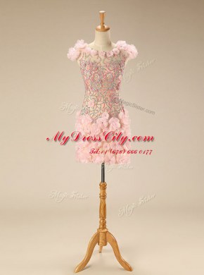 Excellent Scoop Pink Cap Sleeves Beading and Hand Made Flower Mini Length Prom Gown