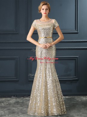 Noble Mermaid Sequins Floor Length Champagne Dress for Prom Scoop Cap Sleeves Zipper