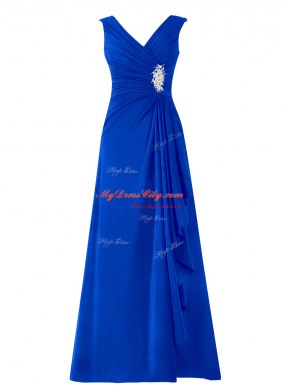Enchanting A-line Prom Gown Royal Blue V-neck Chiffon Sleeveless Floor Length Zipper