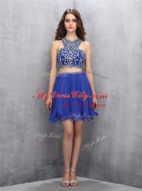 Scoop Criss Cross Royal Blue Sleeveless Beading Knee Length Prom Dresses